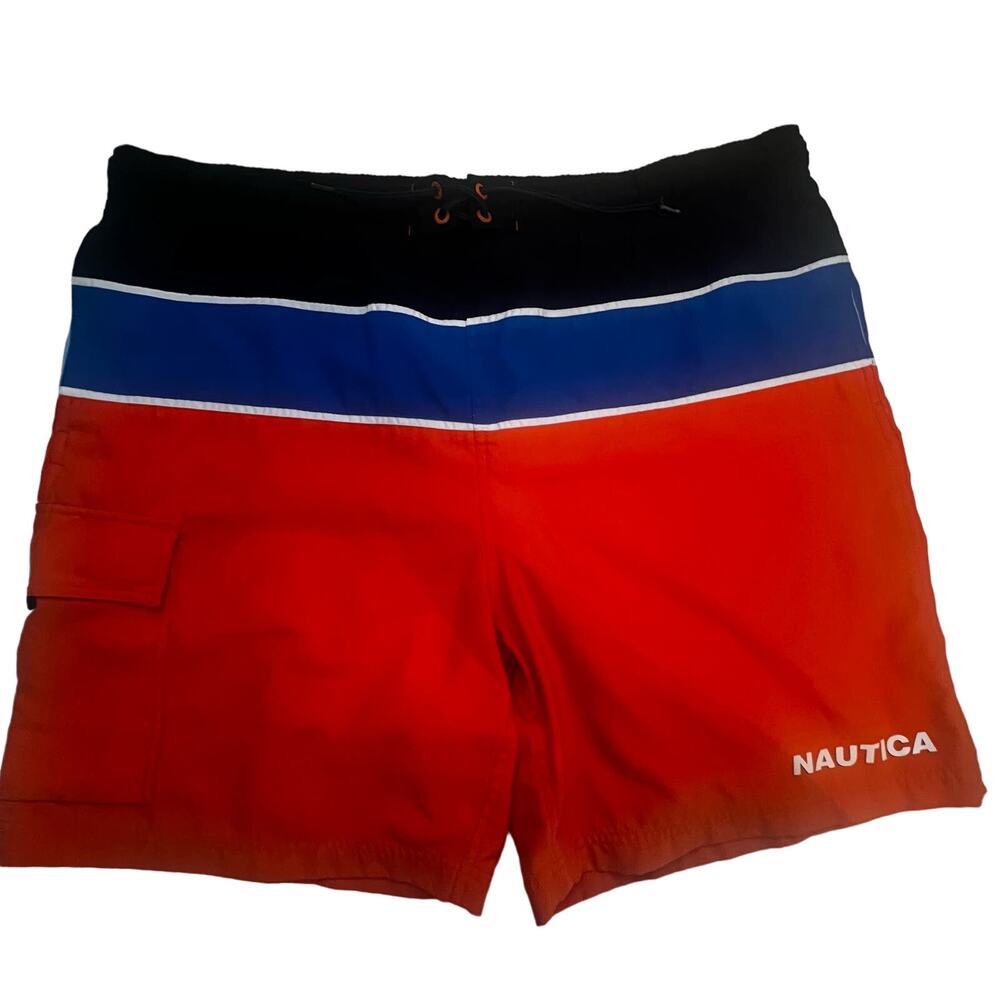 Nautica Men's XL Board Orange Dark Blue Royal Blue Swim Trunks Swimwear